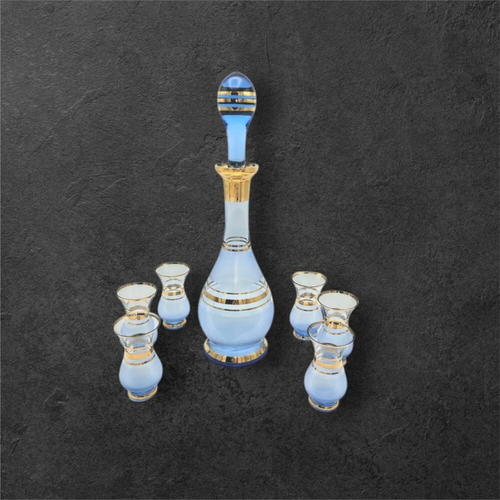 Vintage Bohemia Decanter Set with 6 Glasses Frosted Blue with Gold Gilt Trim
